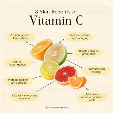 Illustration of Vitamin C molecule and its benefits for skin brightening and antioxidant protection.