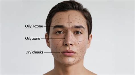A diagram illustrating the T-zone area of the face and common characteristics of different skin types (dry, oily, combination, sensitive, normal).