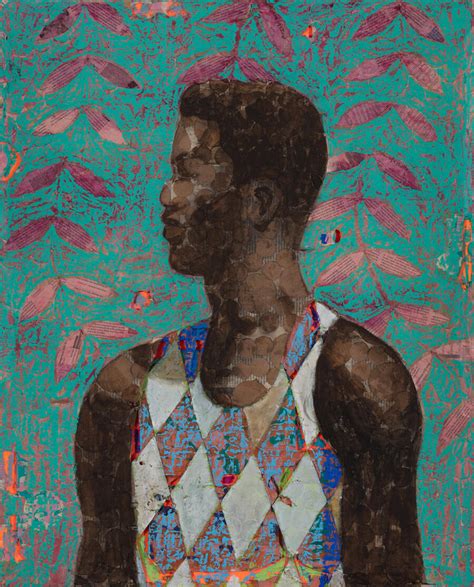 Derek Fordjour. Airborne Double, 2022. Acrylic, charcoal, cardboard, oil pastel, and foil on newspaper mounted on canvas; 60 x 100 in.