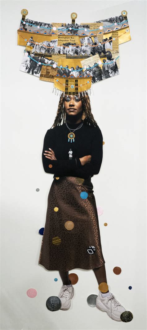 Helina Metaferia. Headdress 61 (Part of By Way of Revolution series), 2023. Mixed media collage; 96 x 48 in.