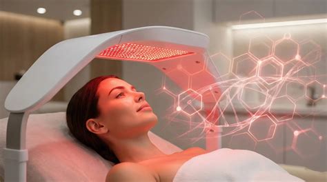Diagram illustrating how red LED light therapy stimulates collagen production and improves skin cell vitality.