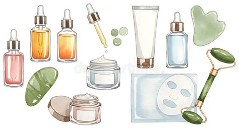Illustration of various preppy skincare products like serums, creams, and face masks