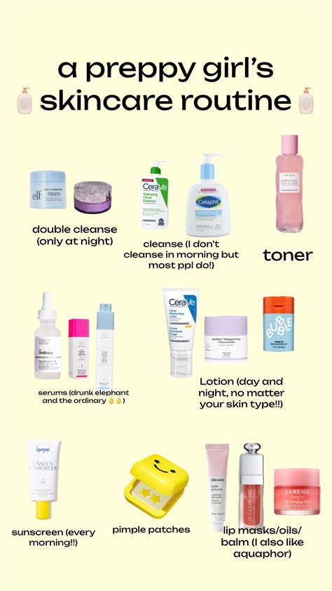 Illustration of a preppy girl performing her skincare routine with various products
