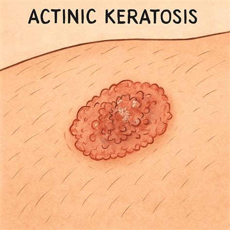 Illustration showing different appearances of actinic keratoses on various skin tones.