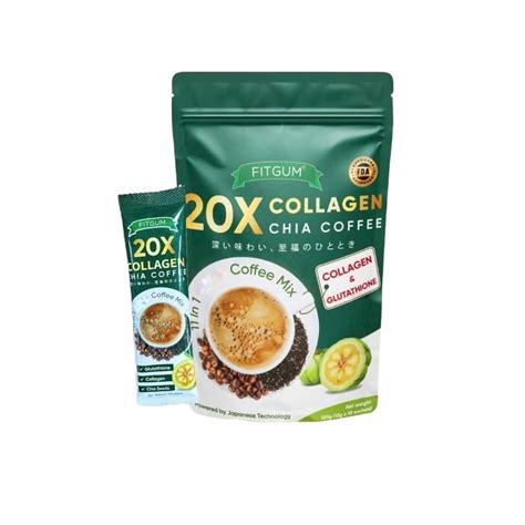 A visually appealing product shot of Fitgum Collagen Chia Coffee sachets, highlighting its packaging and the brand logo.