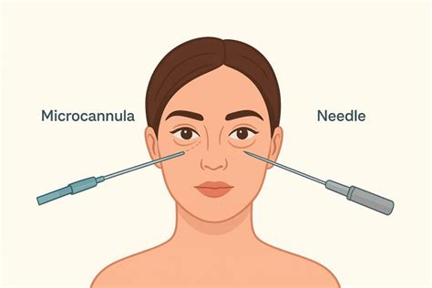 Illustration of the micro-cannula technique for injecting under-eye fillers, emphasizing safety and precision.
