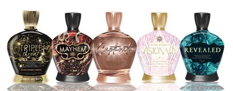 Collage of different tanning lotions with colorful packaging, highlighting key ingredients like coconut and bronzers.