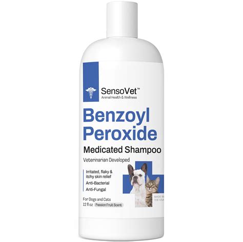 Collage of different benzoyl peroxide dog shampoo bottles