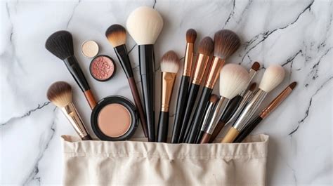 An assortment of makeup brushes fitting neatly into a long makeup case