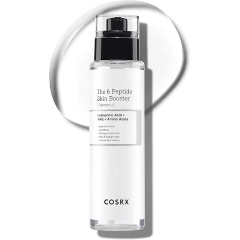 Aesthetic shot of the COSRX 6 Peptide Skin Booster Serum bottle, highlighting its sleek design and texture.