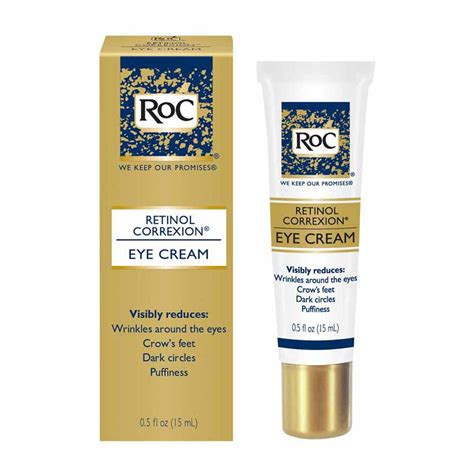 Infographic illustrating the timeline of visible results for RoC Retinol Eye Cream, highlighting improvements in dark circles, puffiness, and wrinkles at 4 and 12 weeks.