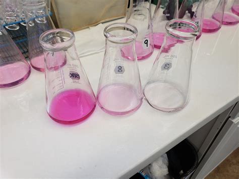 visual guide on how to achieve the correct light pink color for potassium permanganate solution
