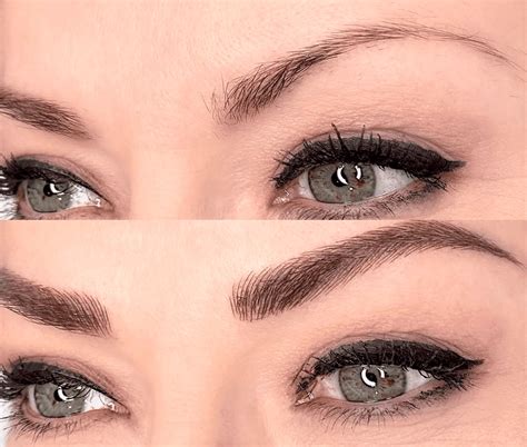 Demonstration of filling, feathering, and fixing eyebrows using brow products.