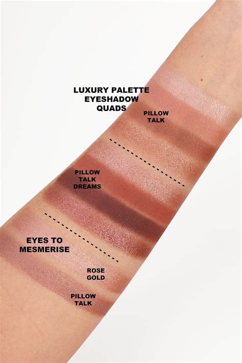 Swatches of Pillow Talk Dreams eyeshadow palette showing rose and berry shades.