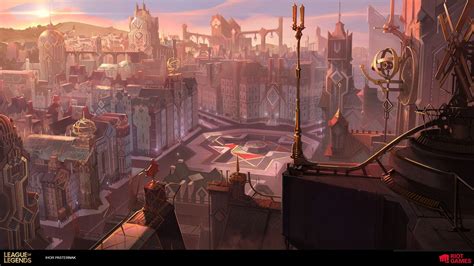 Concept art showcasing the contrasting environments of Piltover and Zaun, highlighting the aesthetic differences that influence character designs.