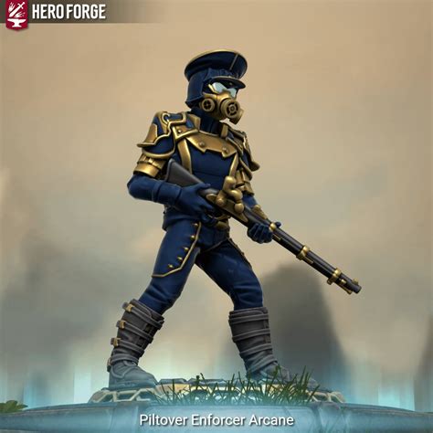 Detailed illustration of Caitlyn's standard Piltover Enforcer uniform, highlighting the navy blue and gold accents and leather trimmings.