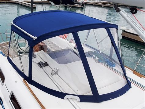 Collage showing different marine fabrics (bimini top, dodger) treated with Marine 31 protectant.