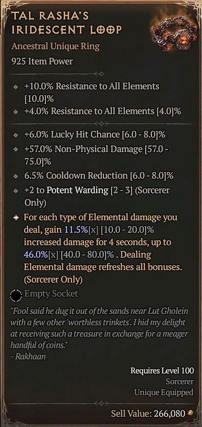 Infographic illustrating the stacking damage bonus mechanic of Tal Rasha's Iridescent Loop