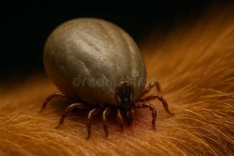 Close-up image of a tick attached to a dog's skin.