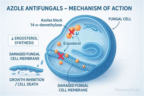 Diagram showing the structure of miconazole and its mechanism of action against fungal cell membranes.