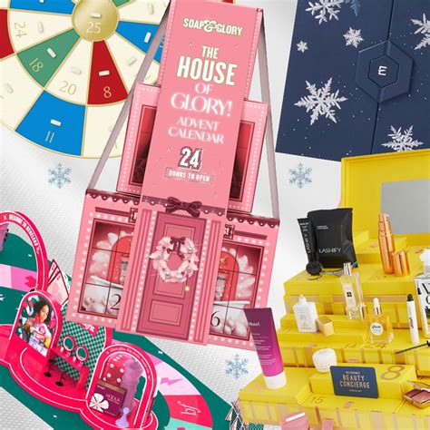An assortment of Revolution Beauty advent calendars, showcasing festive packaging and diverse product themes, arranged attractively to highlight their appeal as Christmas gifts.