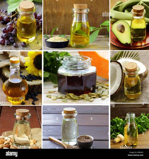 A collage of images showcasing safflower, sesame seeds, shea nuts, avocados, and grapes, representing the origin of the plant oils.