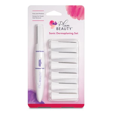 Close-up of the Plum Beauty Vibrating Sonic Dermaplaning Facial Hair Removal Set, highlighting the device and extra blades.