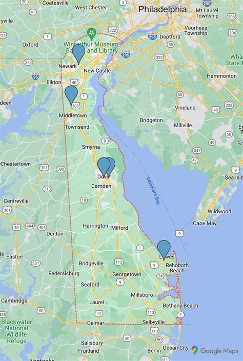A map of Delaware highlighting the five Burke Dermatology locations.