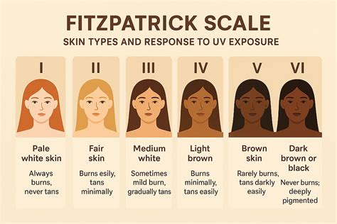 Infographic showing the six Fitzpatrick skin types with corresponding descriptions and visual examples.