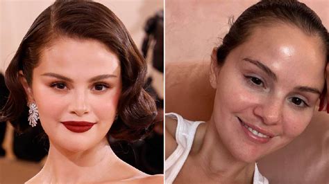 Selena Gomez posing makeup-free with her hand on her head