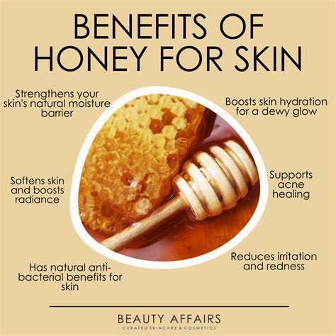 Visual representation of honey's multiple benefits for the skin, including hydration, antibacterial action, and anti-inflammatory effects.