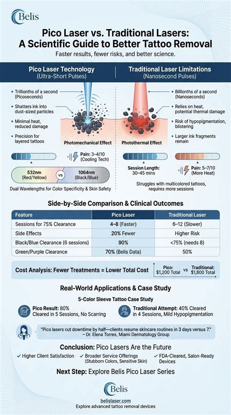 Infographic comparing Pico Laser technology with traditional lasers, highlighting differences in pulse duration, heat generation, and downtime.
