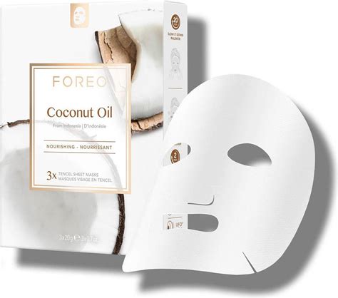 Image of the FOREO Coconut Oil face mask packaging, highlighting its key benefits.