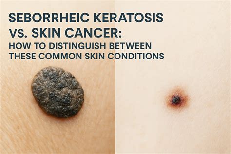 Illustration showing the difference between a benign seborrheic keratosis and potentially cancerous skin lesions.