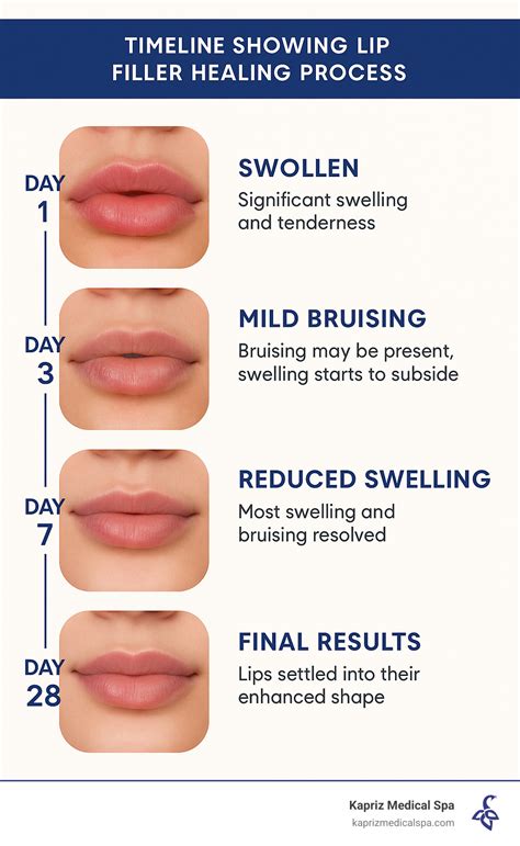 Timeline graphic illustrating the day-by-day healing process after lip injections, showing expected swelling, bruising, and final results.