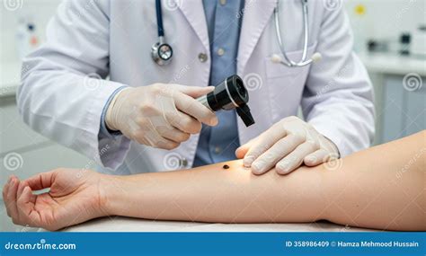 Illustration depicting a doctor performing a skin examination on a patient's arm