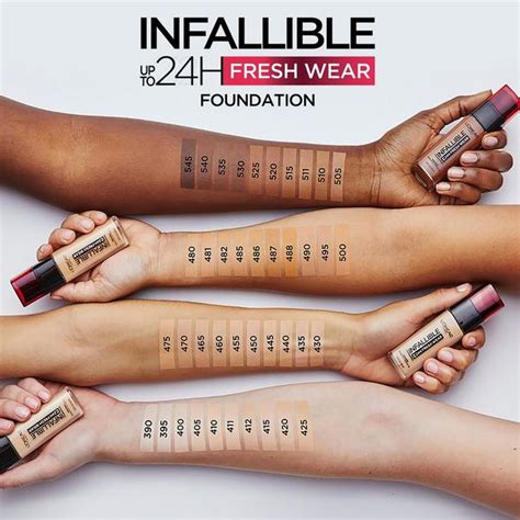 Swatches of L'Oréal Infallible 32 Hour Fresh Wear Foundation in different shades