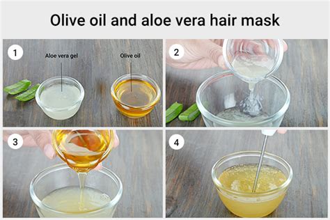Step-by-step illustration of making a DIY hair mask with olive oil, honey, and aloe vera.
