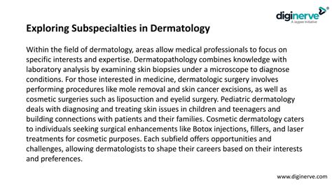 Infographic illustrating the diverse subspecialties within dermatology and their respective focuses.