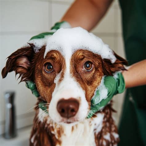 Image of a dog being bathed with a gentle, moisturizing shampoo.