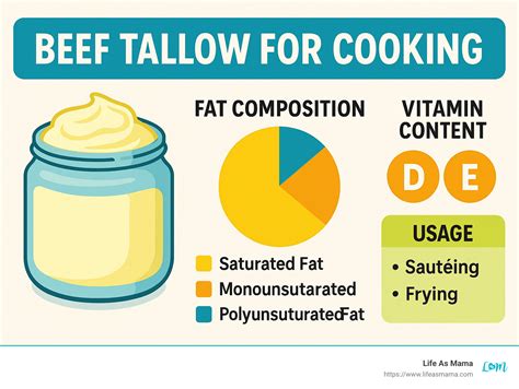 Infographic showing the fat composition of beef tallow, highlighting saturated, monounsaturated, and polyunsaturated fats, with mentions of stearic acid and CLA.