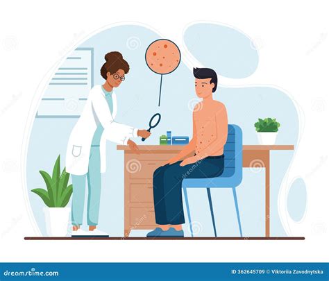 Illustration of a dermatologist examining a patient's skin