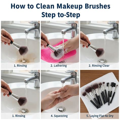 Visual guide showing the steps for cleaning makeup brushes.