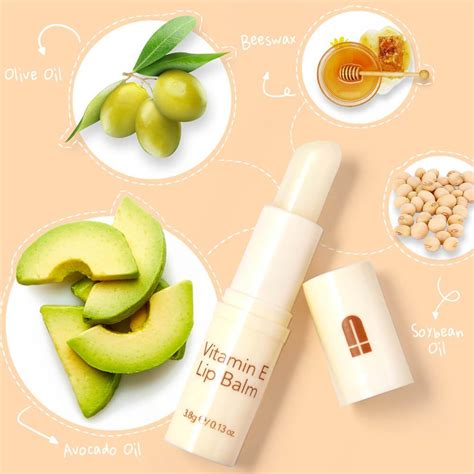 Infographic detailing the function of key ingredients like Petrolatum, Castor Oil, and Vitamin E in lip balm.