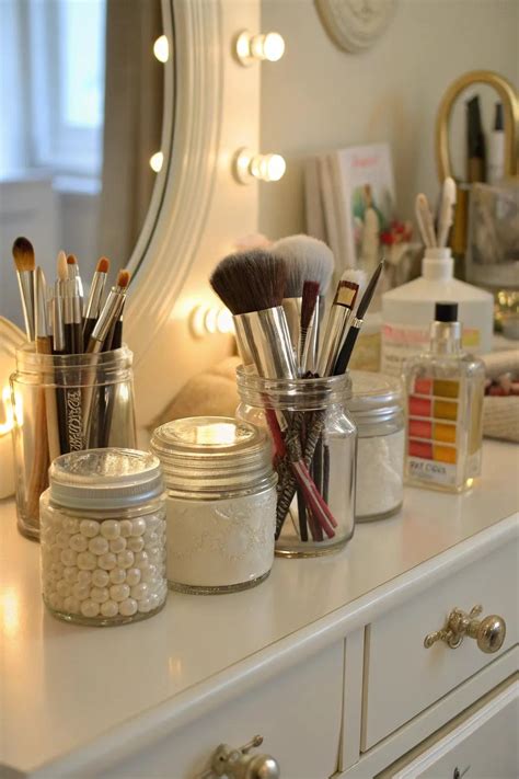 Old candle jars repurposed to hold makeup brushes on a vanity.