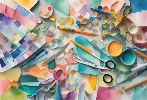 A diverse collection of art supplies including magazines, scissors, glue sticks, and various papers, laid out on a table, ready for a collage project.