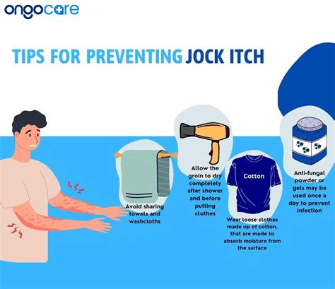 Infographic illustrating good hygiene practices for preventing and managing jock itch, such as keeping the area dry, wearing loose clothing, and not sharing towels.