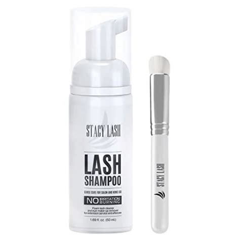 Product shot of Stacy Lash Eyelash Extension Shampoo in various sizes, highlighting the included brush.