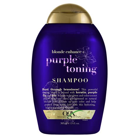 Illustration of a purple toning shampoo bottle with brassy hair strands transforming into a lighter, cooler tone.