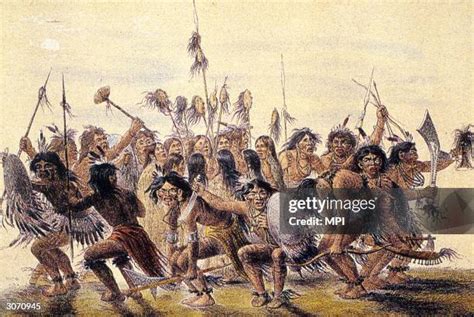 An illustration of a scalp dance from an early 20th-century book on Native American history.